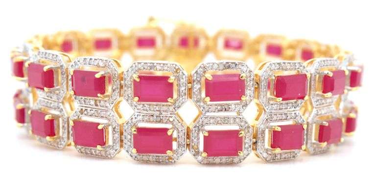 Enamoring Brand New European 20.00CTW Oval Faceted Ruby &  5.00CTW Diamond Bracelet in 14K Yellow Go