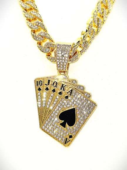 Dazzling Huge 178 Gram 14 Kt Yellow Gold Plate Royal Flush Pendant Necklace