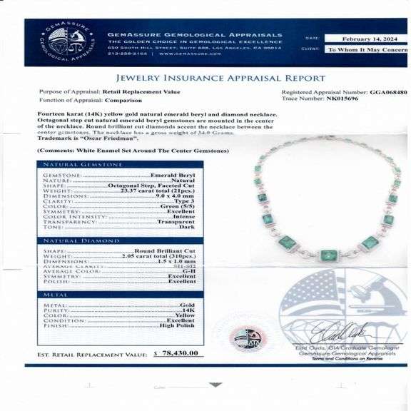14K YELLOW GOLD EMERALD AND DIAMOND NECKLACE WITH WHITE ENAMEL 25.42 C.T.W.