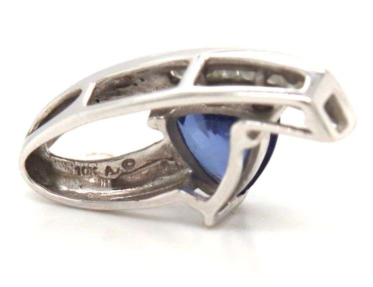 10kt White gold triangle tanzanite and diamond pendant
