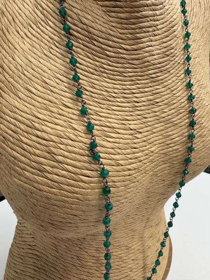 Sterling Silver Unique Green Onyx Gem Stone Chain 24" Necklace with Pear Clasp
