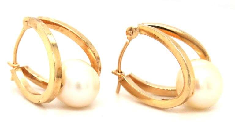 Sweet 14K YG Double Hoop Earrings with Pearls