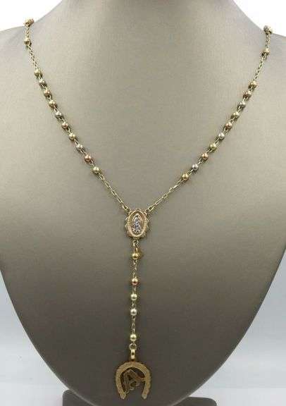 14kt Tri color gold Rosary necklace with A initial