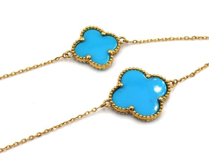 18kt Yellow gold Alhambra style Turquoise necklace
