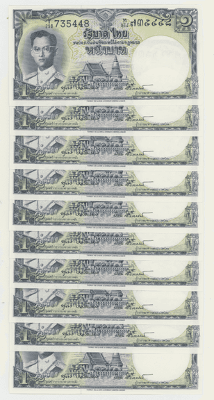 10 Superb Gem CU Thailand 1 Baht Notes in sequence (P-74)