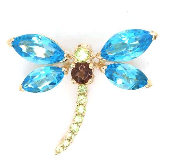 14kt Yellow gold marquise blue topaz, peridot and smokey quartz butterfly brooch pendant