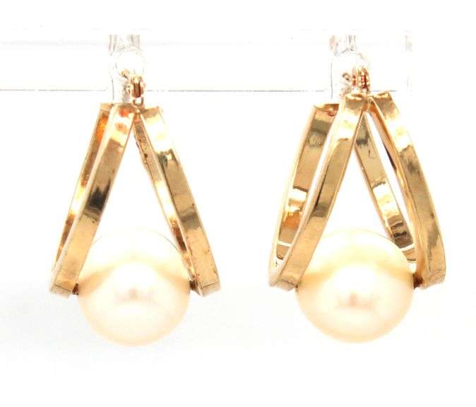 Sweet 14K YG Double Hoop Earrings with Pearls