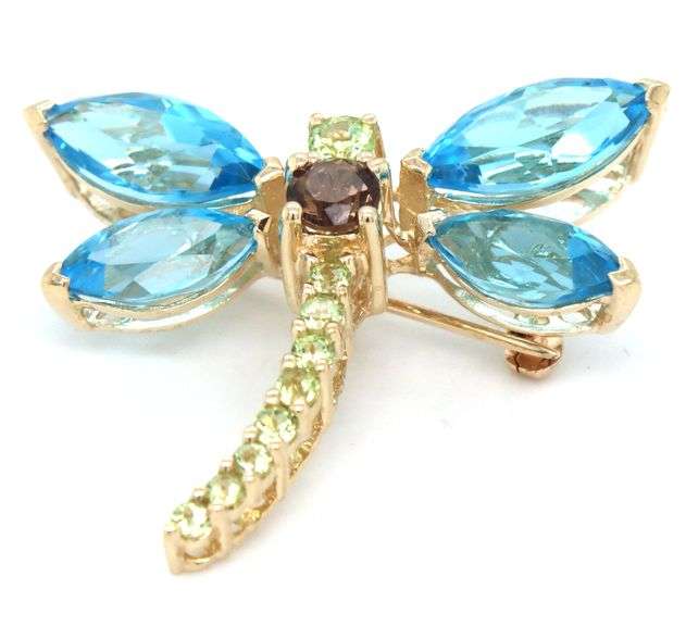 14kt Yellow gold marquise blue topaz, peridot and smokey quartz butterfly brooch pendant