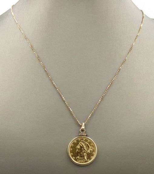 1907 $5 gold coin in frame pendant on box chain necklace