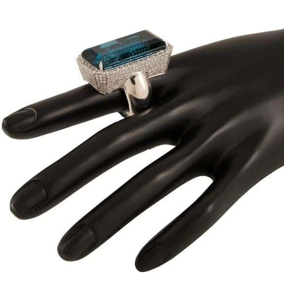 55.0ct London Blue Topaz and 6.50ctw Pave Diamond Cocktail Ring in 18K