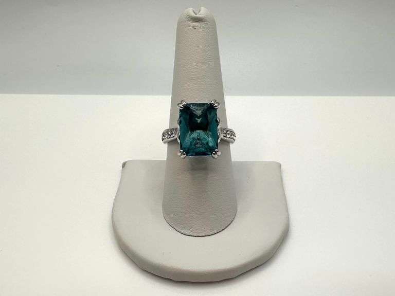 14 Kt White Gold Plate 6.5 Ct Simulated London Blue Topaz Ring