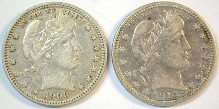 Pair of sharp Barber Quarters: 1908-D in XF & 1915-D in VF