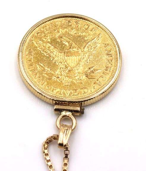 1907 $5 gold coin in frame pendant on box chain necklace