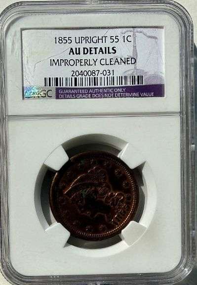 1855 Upright 55 NGC AU Large Cent