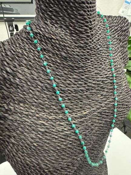 Sterling Silver Unique Green Onyx Gem Stone Chain 24" Necklace with Pear Clasp