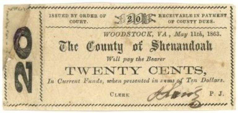 1863 County of Shenandoah, Virginia 20 Cents Obsolete Note