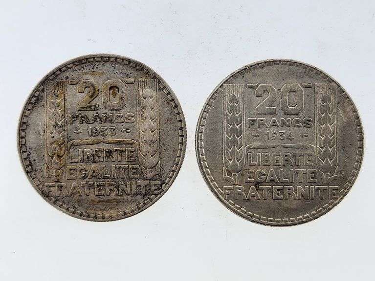 1933 & 1934 France 20 Francs, 68% Silver