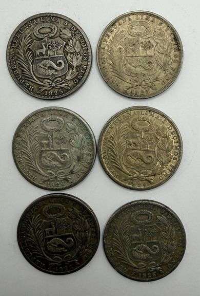 Collection of six Peruvian Un Sol Silver Coins from the 1920's