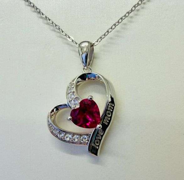 925 Sterling Silver Lab Grown Ruby Heart Pendant Necklace Love Mom Gift