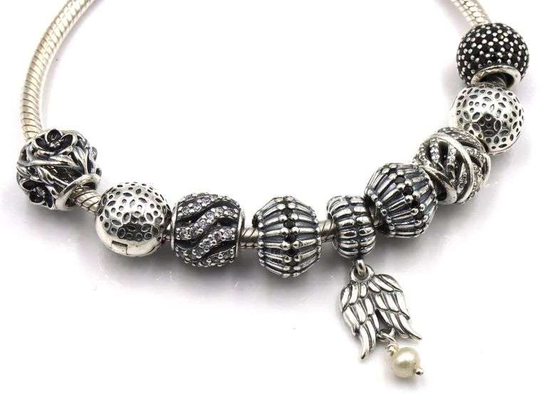 Pandora silver and black charms bracelet