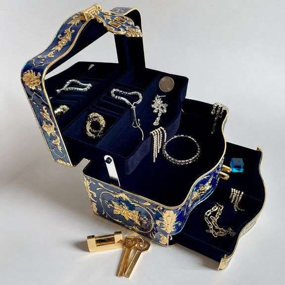 Blue and Gold Velvet Lined Trinket Metal Jewelry Chest