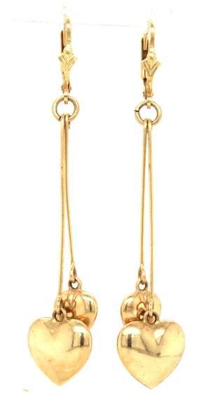 Feminine 14K YG Dangling Hearts Earrings
