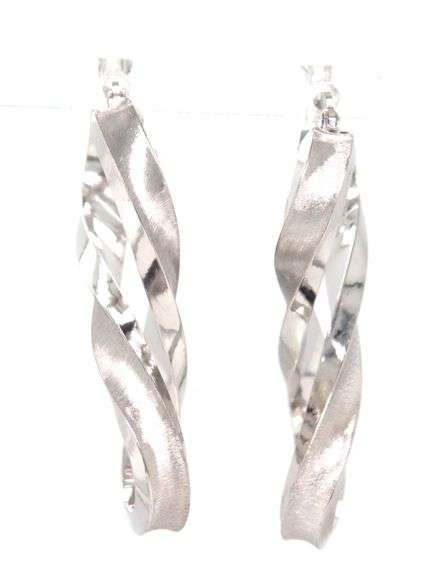 14kt White gold textured and high polished twisted hoop earrings