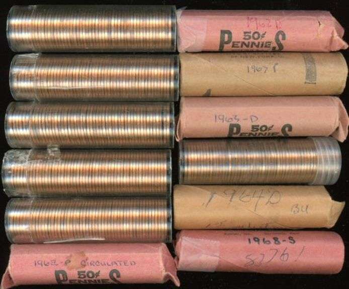 12 Different Rolls of BU Bronze Lincoln Cents: 1959 to 1968-S