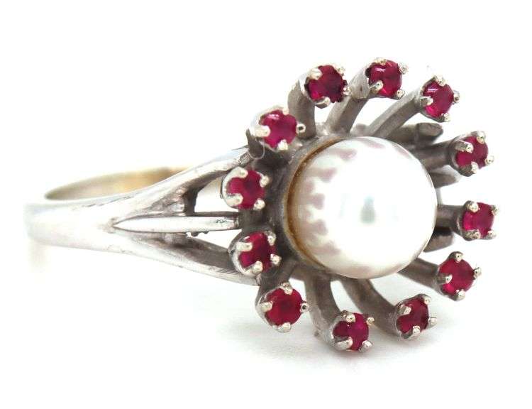 Unusual 14K WG Ring with Pearl and Rubies