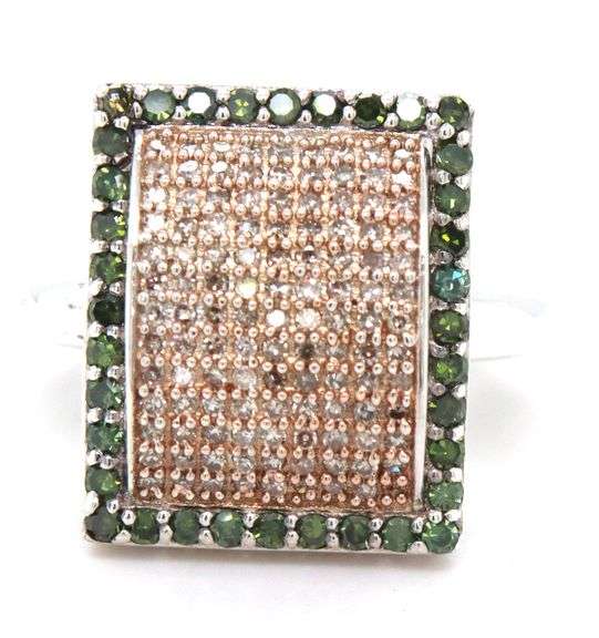 925 Sterling silver Fancy IR green and white diamond ring