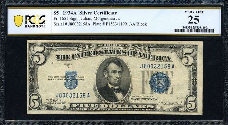 1934A $5 Silver Certificate Fr. 1651 (JA Block) Julian/Morgenthau PCGS Very Fine 25
