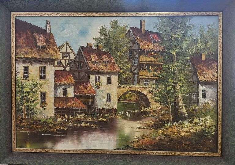 Investment! Antique European 20th Century Dutch Oil Painting Town near the River with Houses