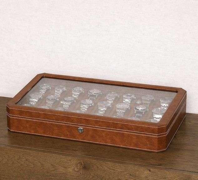 24 Slot Leather Watch Display Case with Glass Lid