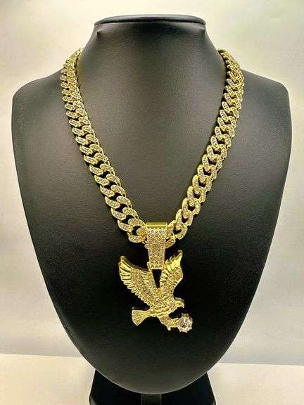 Amazing 97 Gram 14 Kt Gold Plated American Bald Eagle Pendant W/Chain Necklace