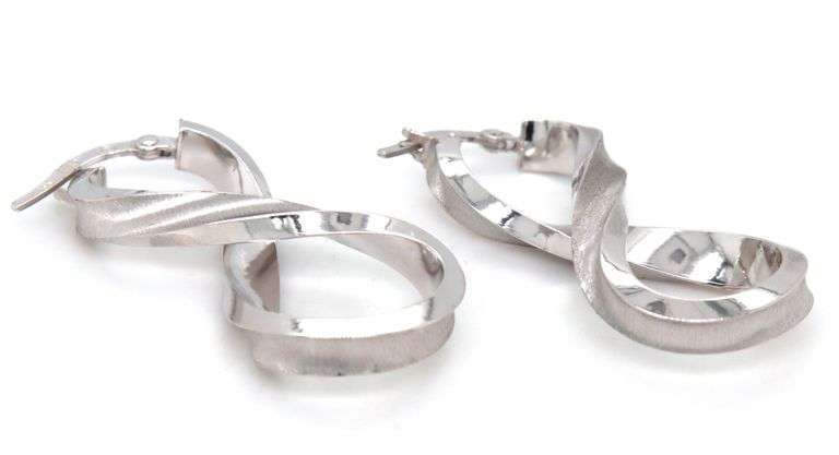 14kt White gold textured and high polished twisted hoop earrings