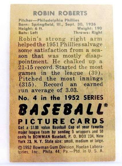 Robin Roberts 1952 Bowman Gum Baseball Card