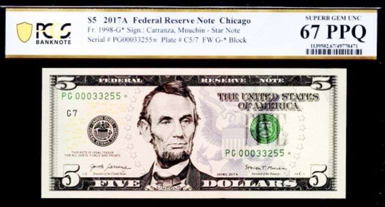 Superb Gem 2017A $5 Star Note Chicago # 00033255 PCGS 67 PPQ!