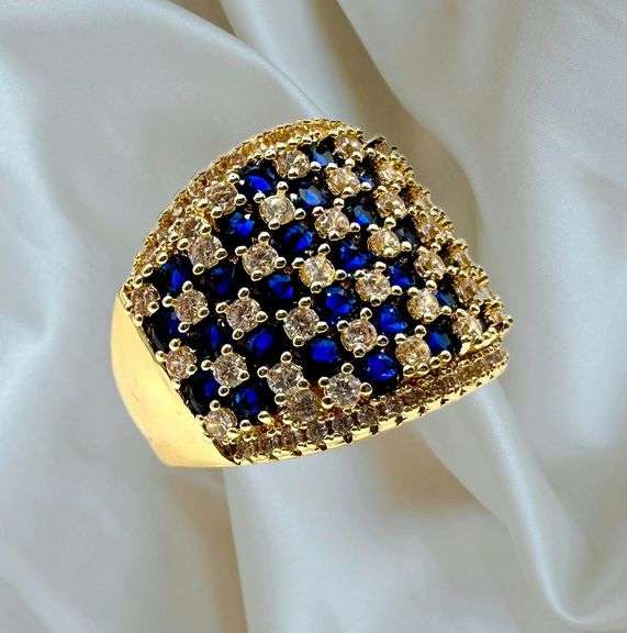 14 Kt Yellow Gold Plate 5.75 Cttw Simulated Diamond Midnight Blue Sapphire Ring