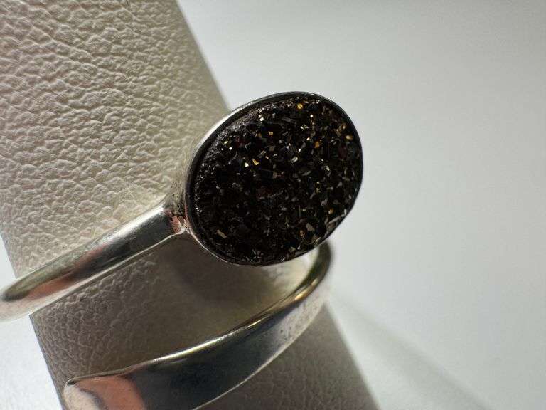 Sterling Silver 925 Titanium Coated Druzy Agate Crystal Stone Ring Adjustable Spoon Band