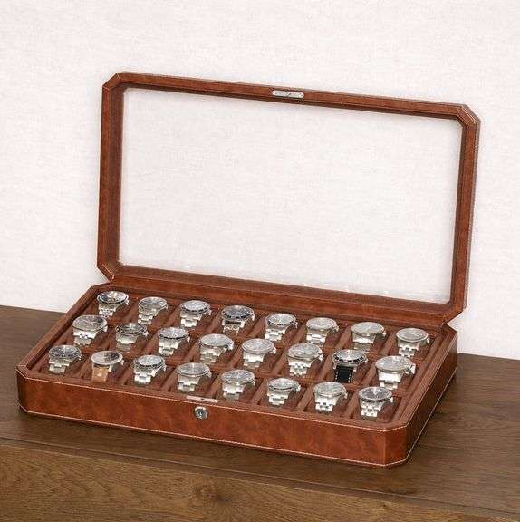 24 Slot Leather Watch Display Case with Glass Lid