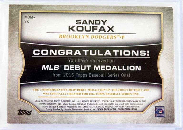 Sandy Koufax 2016 Debut Medallion Baseball Card