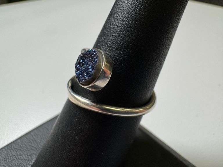 Sterling Silver 925 Titanium Coated Druzy Agate Crystal Stone Ring Adjustable Spoon Band