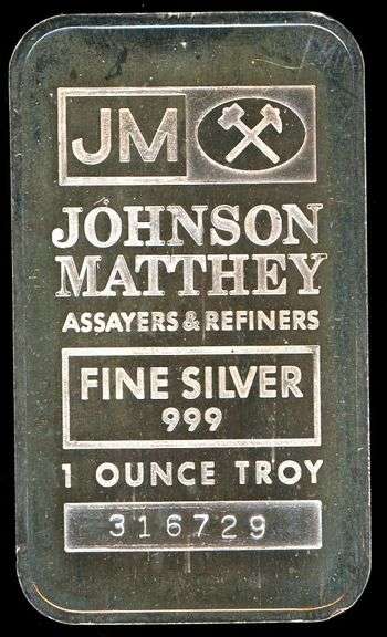 1 Troy Ounce .999 Fine Silver Bar from Johnson Matthey