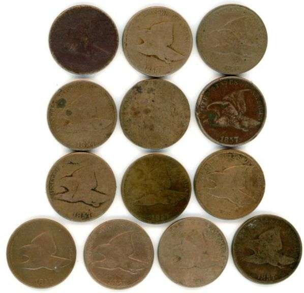 Lot of 13 lower end circulated Flying Eagle Cents 1957 to 1858