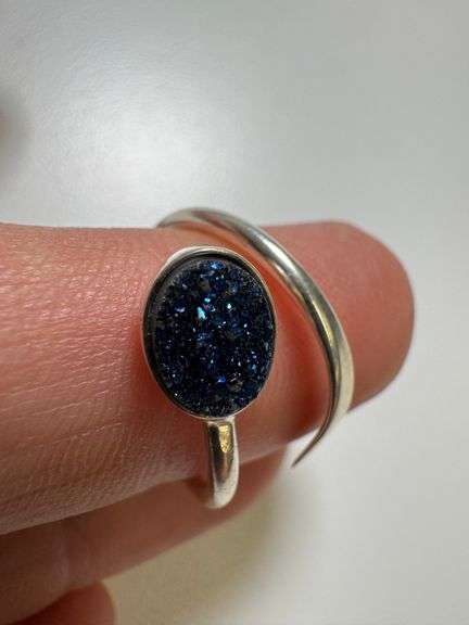 Sterling Silver 925 Titanium Coated Druzy Agate Crystal Stone Ring Adjustable Spoon Band