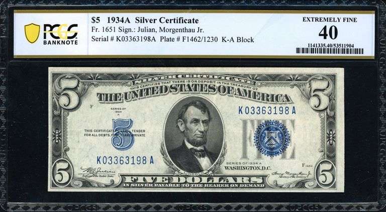 1934A $5 Silver Certificate, Julian–Morgenthau, PCGS XF40, Fr. 1651 (KA Block)