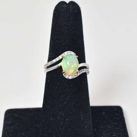 Sterling Silver Opal Gemstone Ring with Cubic Zirconia Accents
