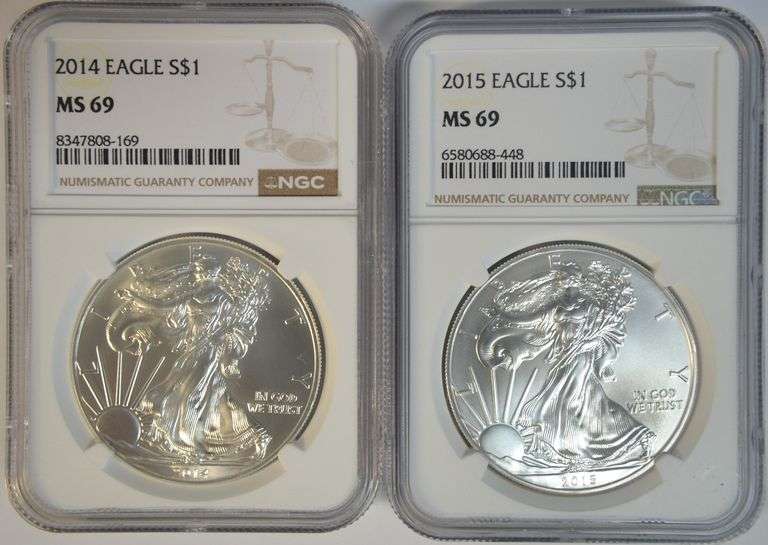Near Perfect 2014 & 2015 $1 American Silver Eagles. NGC MS69