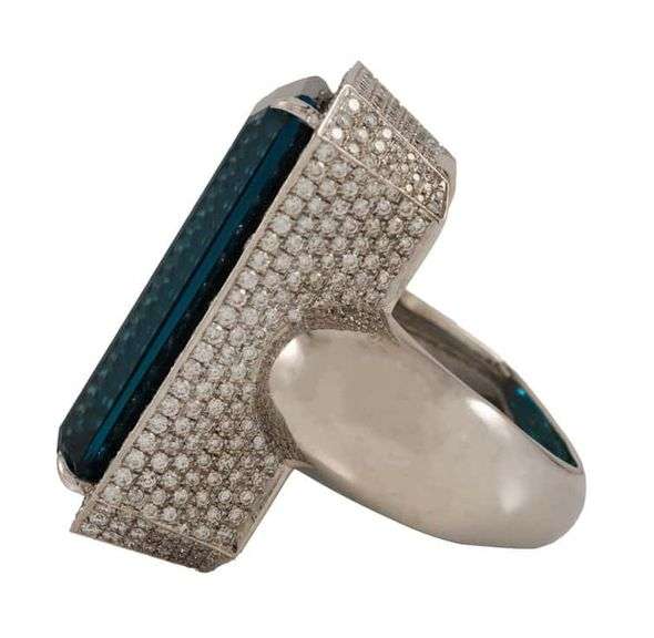 55.0ct London Blue Topaz and 6.50ctw Pave Diamond Cocktail Ring in 18K