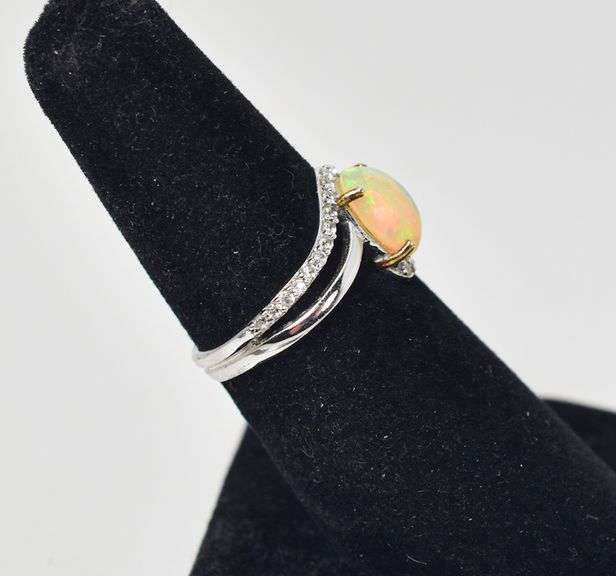 Sterling Silver Opal Gemstone Ring with Cubic Zirconia Accents
